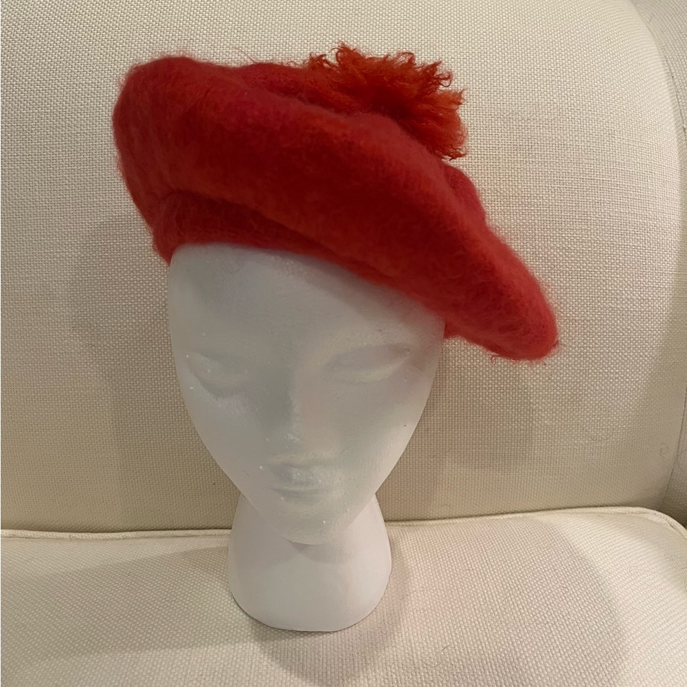 Orange mohair hat with Pom Pom